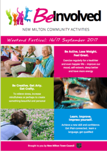 A colourful flyer for Be Involved: New Milton Community Activities Weekend Festival on 16/17 September 2017, featuring events for fitness, art, and learning, supported by New Milton Town Council.
