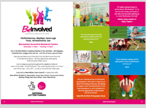 A colourful community event flyer with photos of people dancing, singing, and taking photos. Includes event details, sponsor logos, participant testimonials, and information about performances and activities.