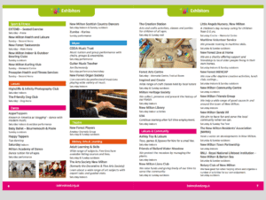 A brochure spread lists exhibitors for a community event, with categories like Sport & Fitness, Music, Theatre, Art, and Leisure. Small photos show activities such as dancing, a piano performance, and arts and crafts.