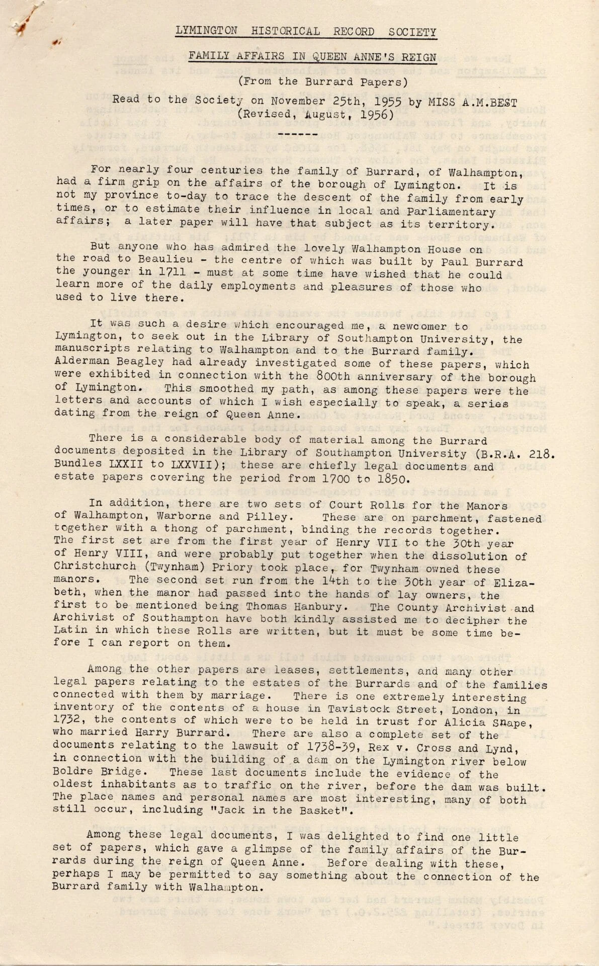 paper on family affairs in Queen Anne's reign November 1955