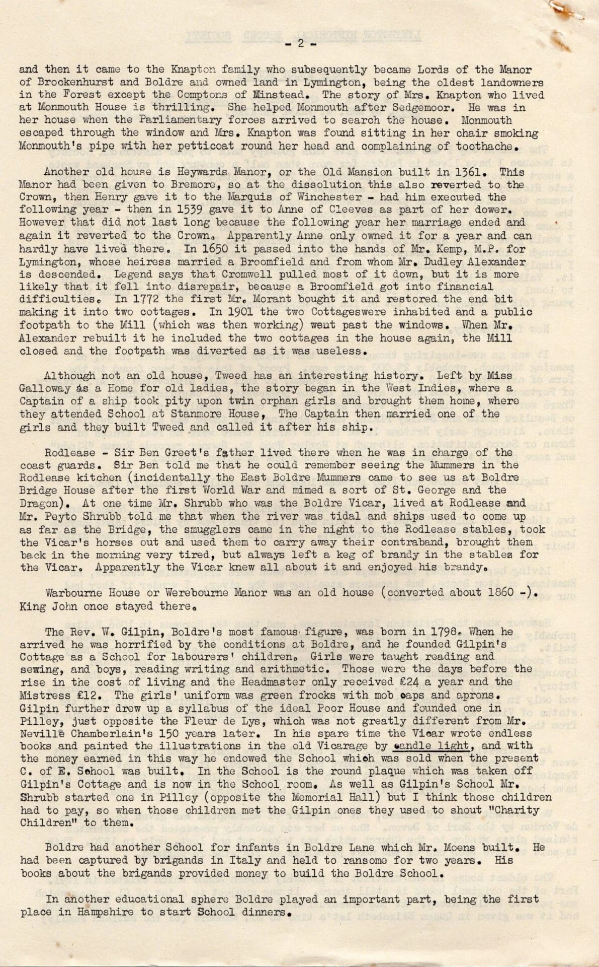 A typed page of text provides historical accounts about Boldre Manor, local figures, and early schooling in Boldre. The page is slightly yellowed and shows a faint crease in the top right corner.