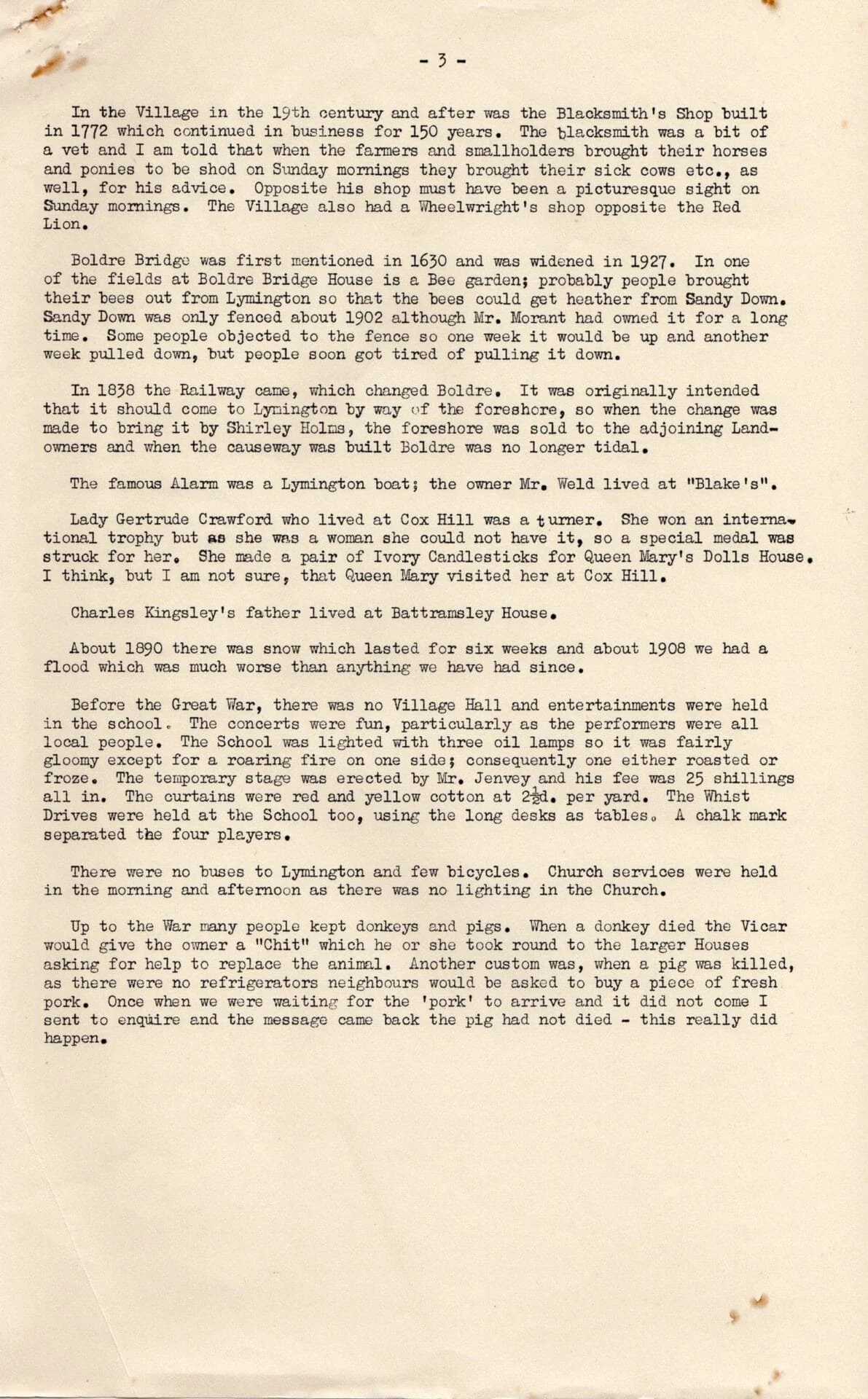A typed page recounting local history, including the Blacksmith’s Shop, Bray Bridge, changes in railway routes, and stories about Lady Geraldine Crewe-Milnes. The text discusses village life and notable past events.