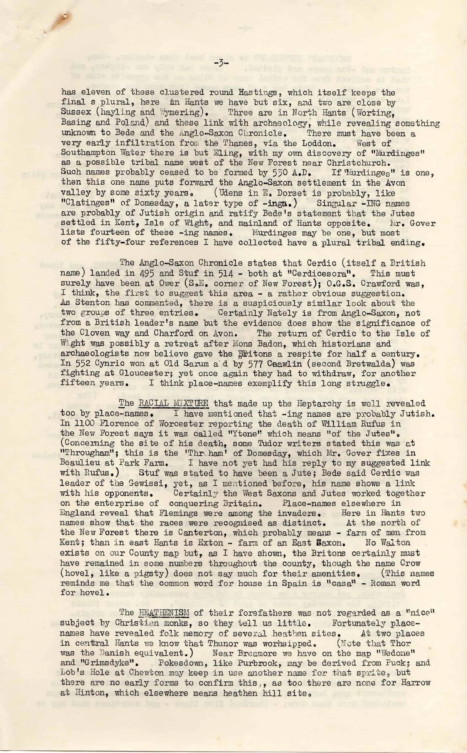 A typewritten page featuring historical information about Harrow, referencing the Anglo-Saxon Chronicle, village origins, and local ancient finds. The text is dense, with some underlined phrases and uneven typewriter font.