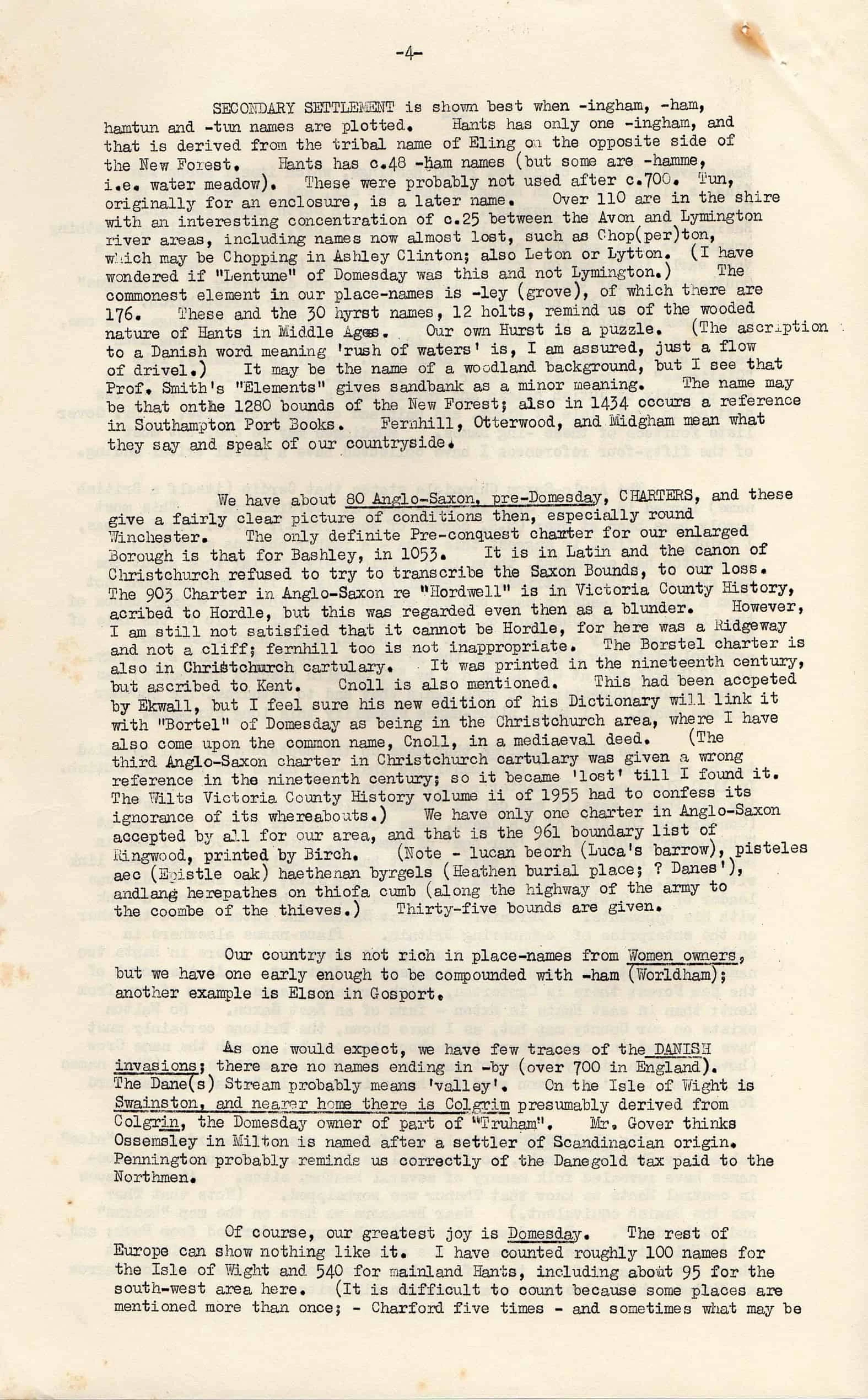 Typewritten page describing the secondary settlements near Lingham, Banhat, and Stanchursy, their unique features, Anglo-Saxon churches, and changes in land use; text is faded but mostly legible.