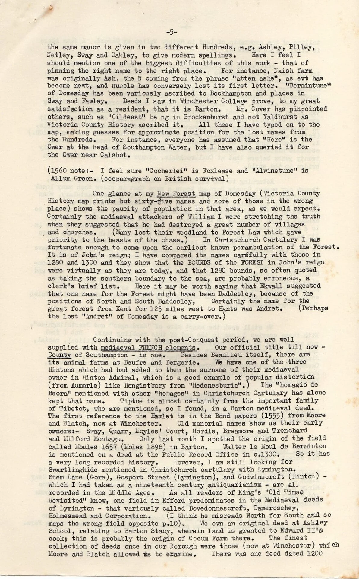 A typewritten, single-spaced page with historical text. The paper is yellowed, with some typing errors and corrections visible. The content discusses place names, local history, and recollections of storms and bushfires.