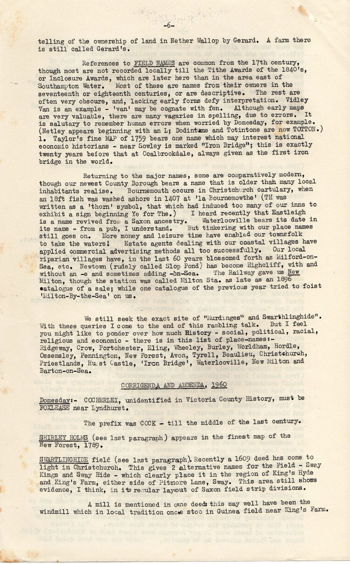 A typed page of historical text about land ownership in Nether Wallop and surrounding areas, with references to various farms, Domesday Book entries, mills, and local landmarks. The page is labelled “-6-” at the top.