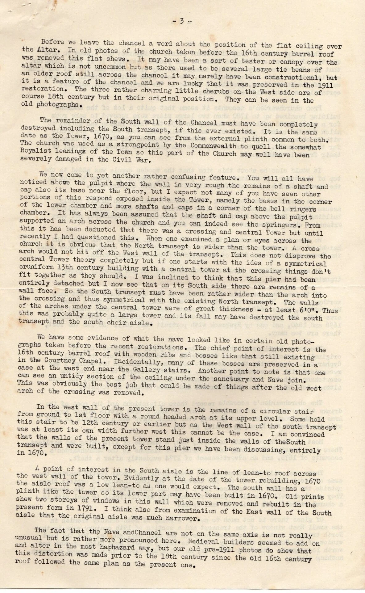 A typed, slightly yellowed page from an historical document discusses features and changes to a church, such as the South wall, chancel, nave, and restoration work; the text includes references to the Civil War and other historical periods.