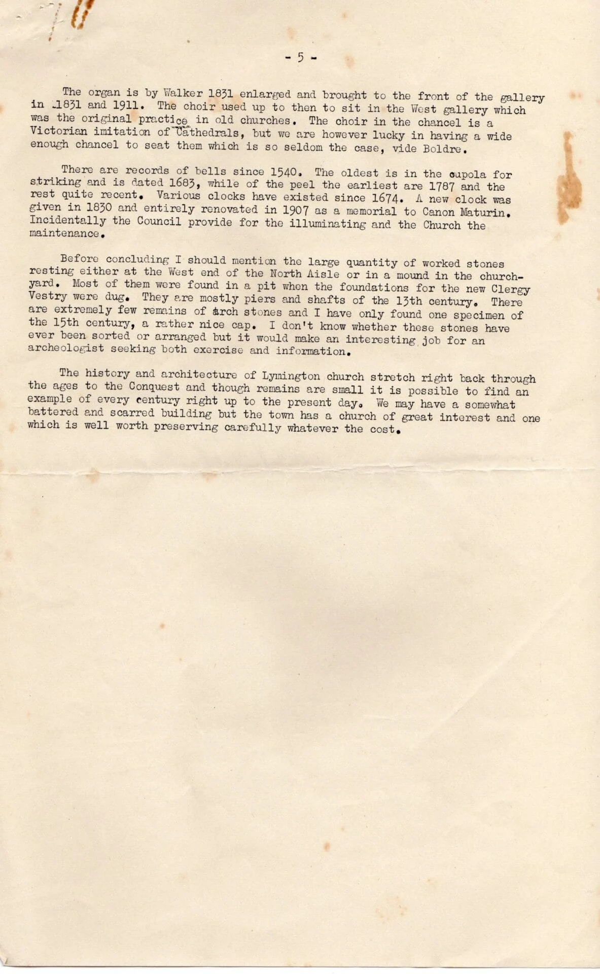 A typewritten page describes the history of church organs, bells, and stones, detailing their origins, functions, and significance and discussing the importance of maintaining and preserving these features.