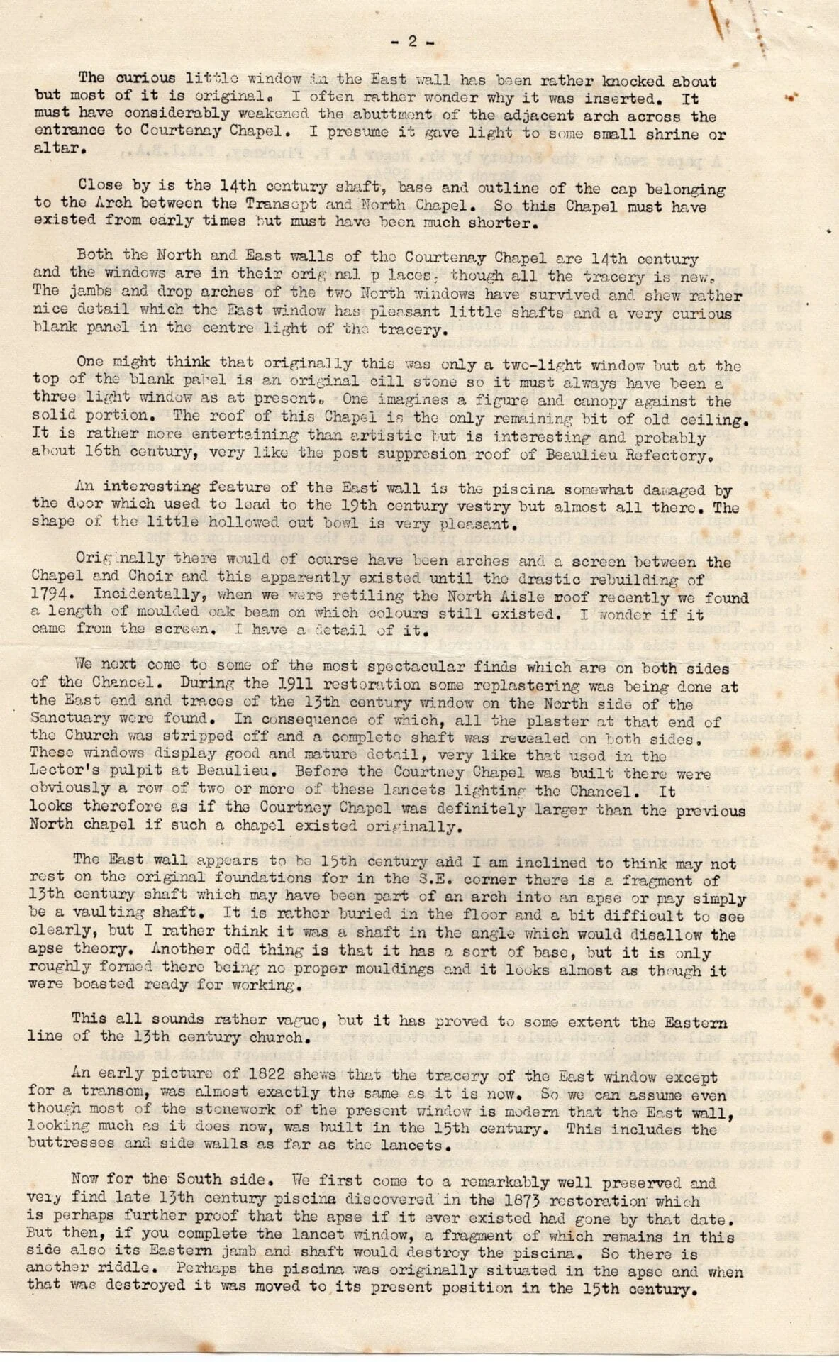 A typewritten page describing the architectural features and history of a chapel, focusing on its windows, arches, and structural changes from different centuries. The text is densely packed with no images.