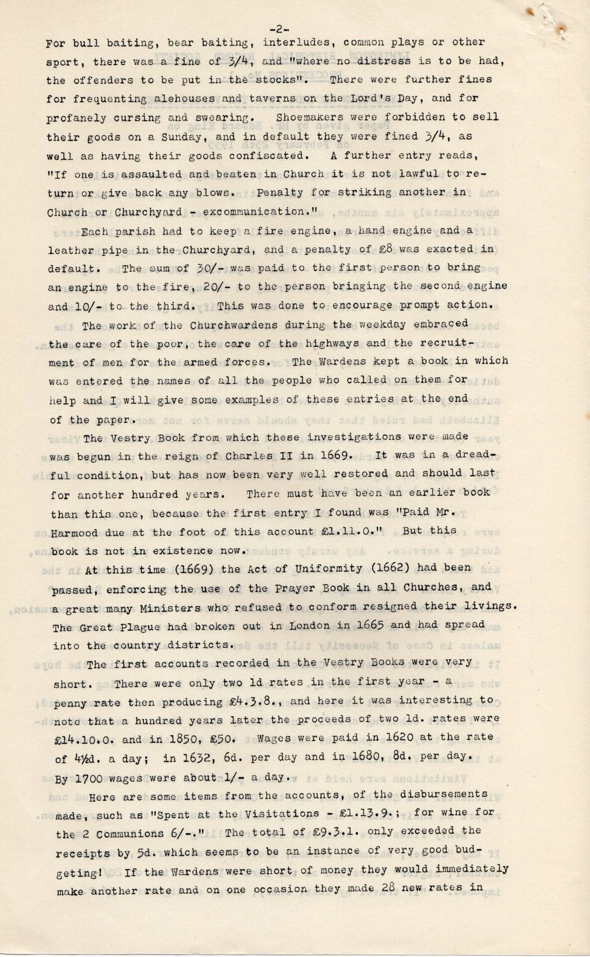A typewritten page of text discusses fines and practices related to bull baiting, bear baiting, and attendance at public houses. There are handwritten edits and some underlined sections throughout the page.