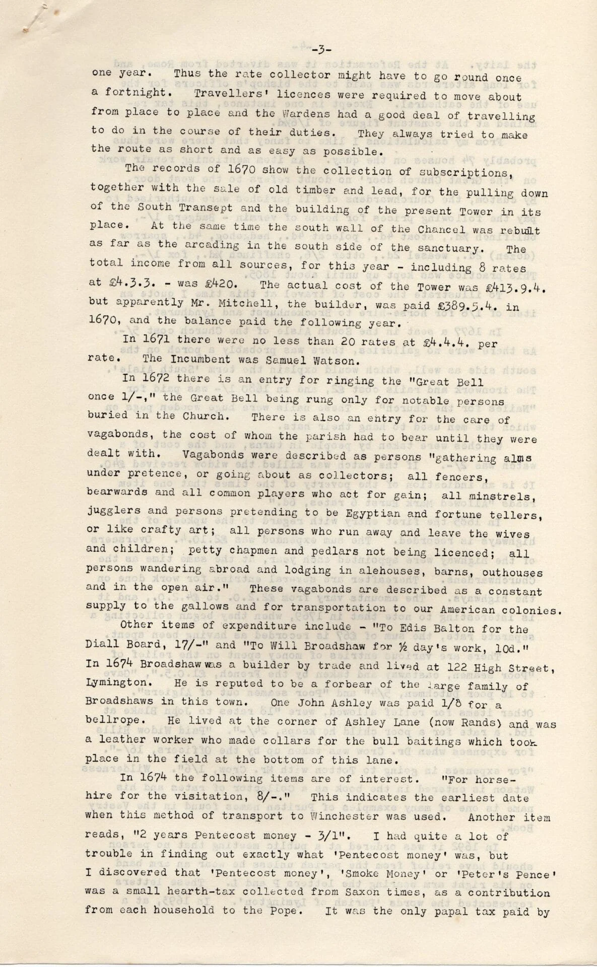A typewritten historical document discusses tax collection, bell ringing, church repairs, and parish rates in the late 17th century, detailing expenses, subscriptions, and fundraising efforts for church maintenance.