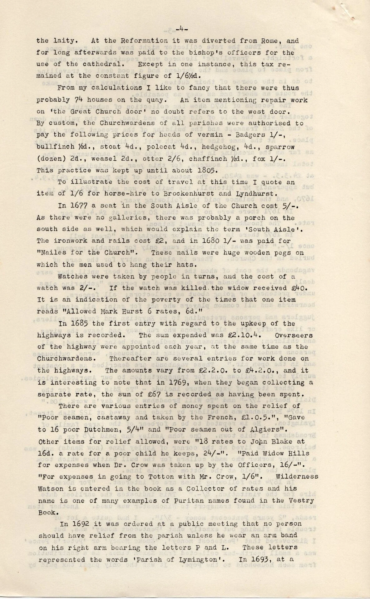 Typewritten page with historical text describing repairs, costs, and taxes related to a church, mentioning specific years, expenses, and individuals involved in church maintenance from the 17th century.