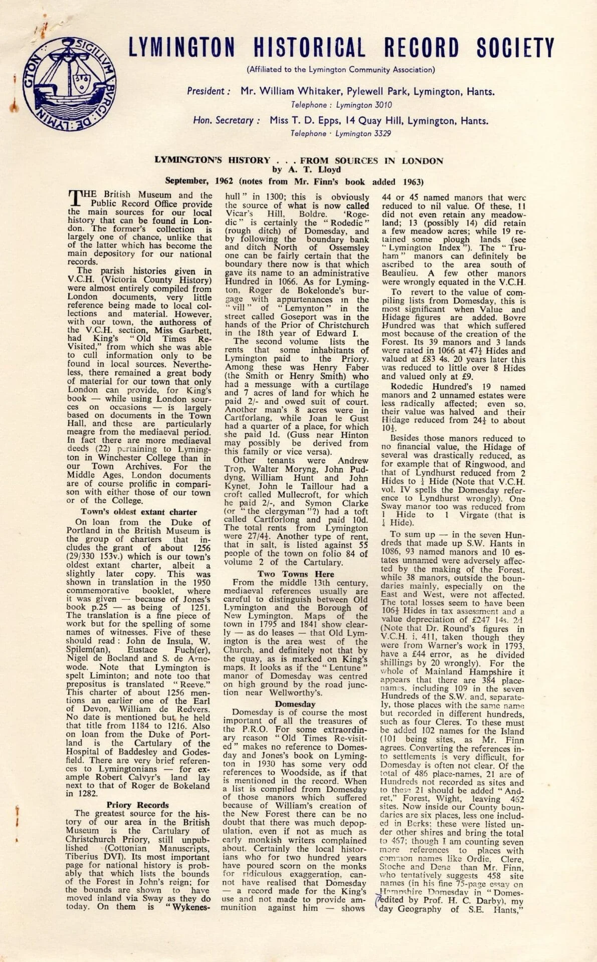 paper on Lymington sources in London