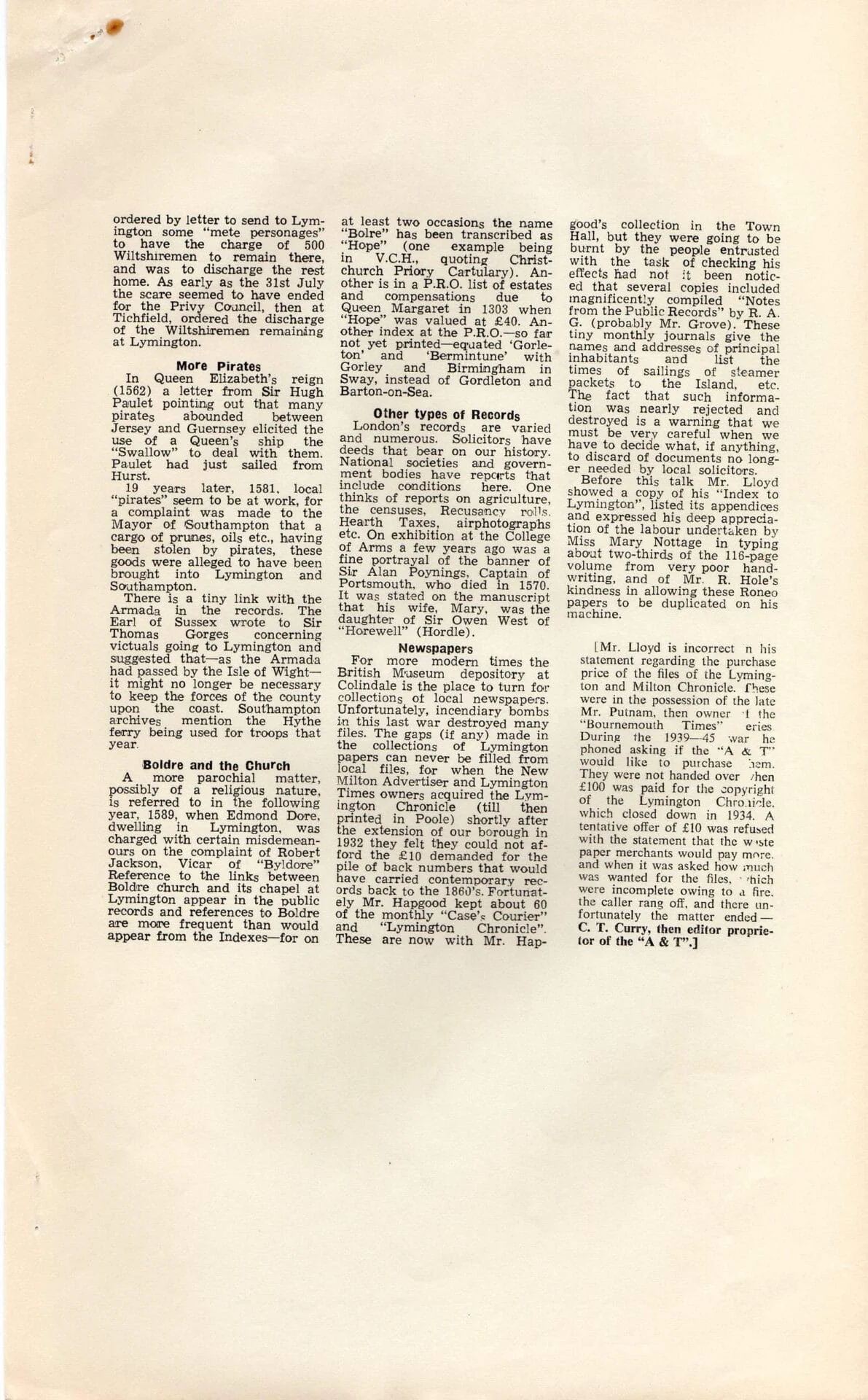 A typed page with five columns of dense black text, discussing topics like pirates, role of the church, records, newspapers, and a property owner named Mr Lloyd. The page is off-white with uneven text alignment.