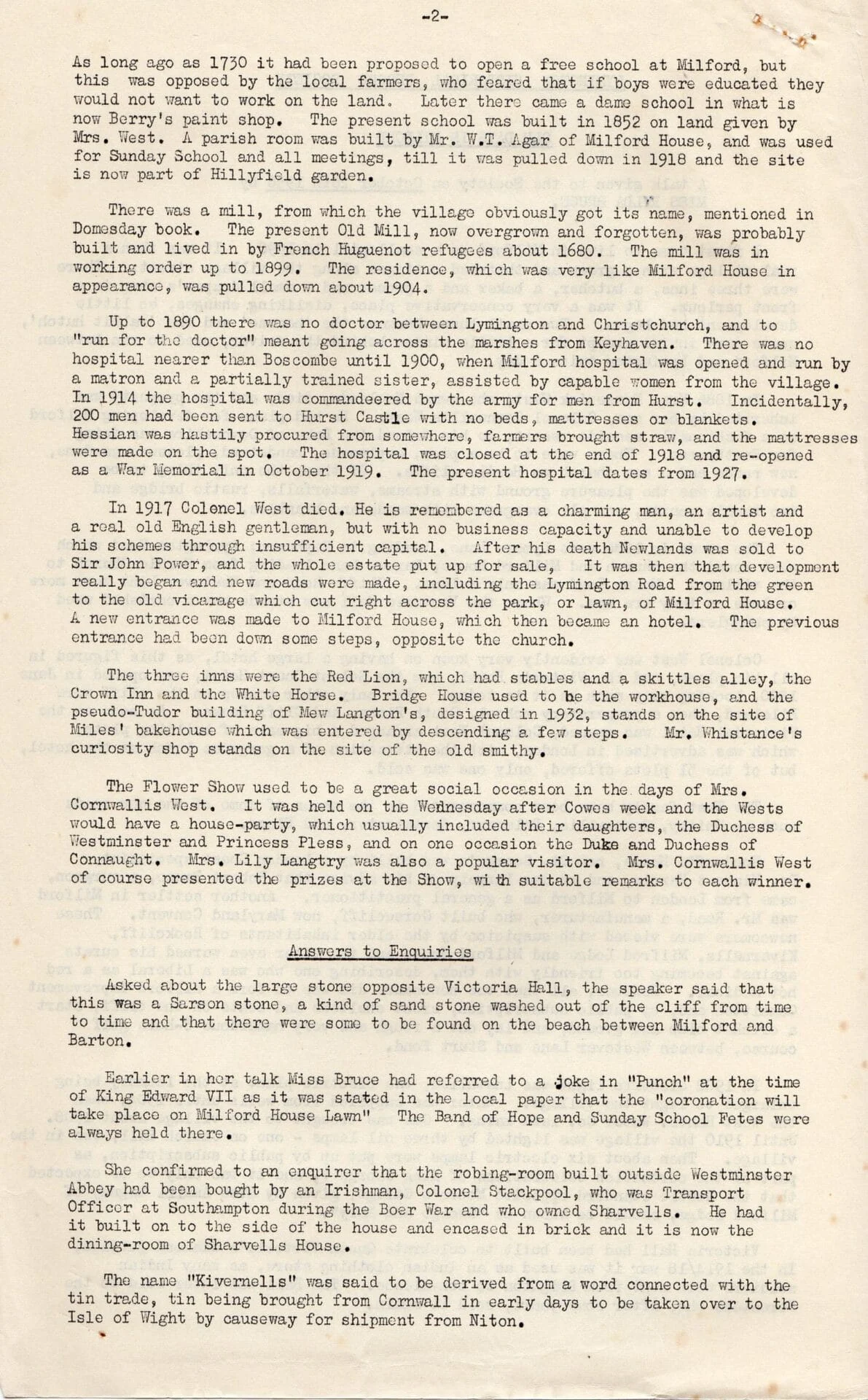 A typewritten historical newsletter page recounts the history of Milford village hall, its origins, and community events. The lower section details a speaking competition and club activities. The paper is yellowed with age.