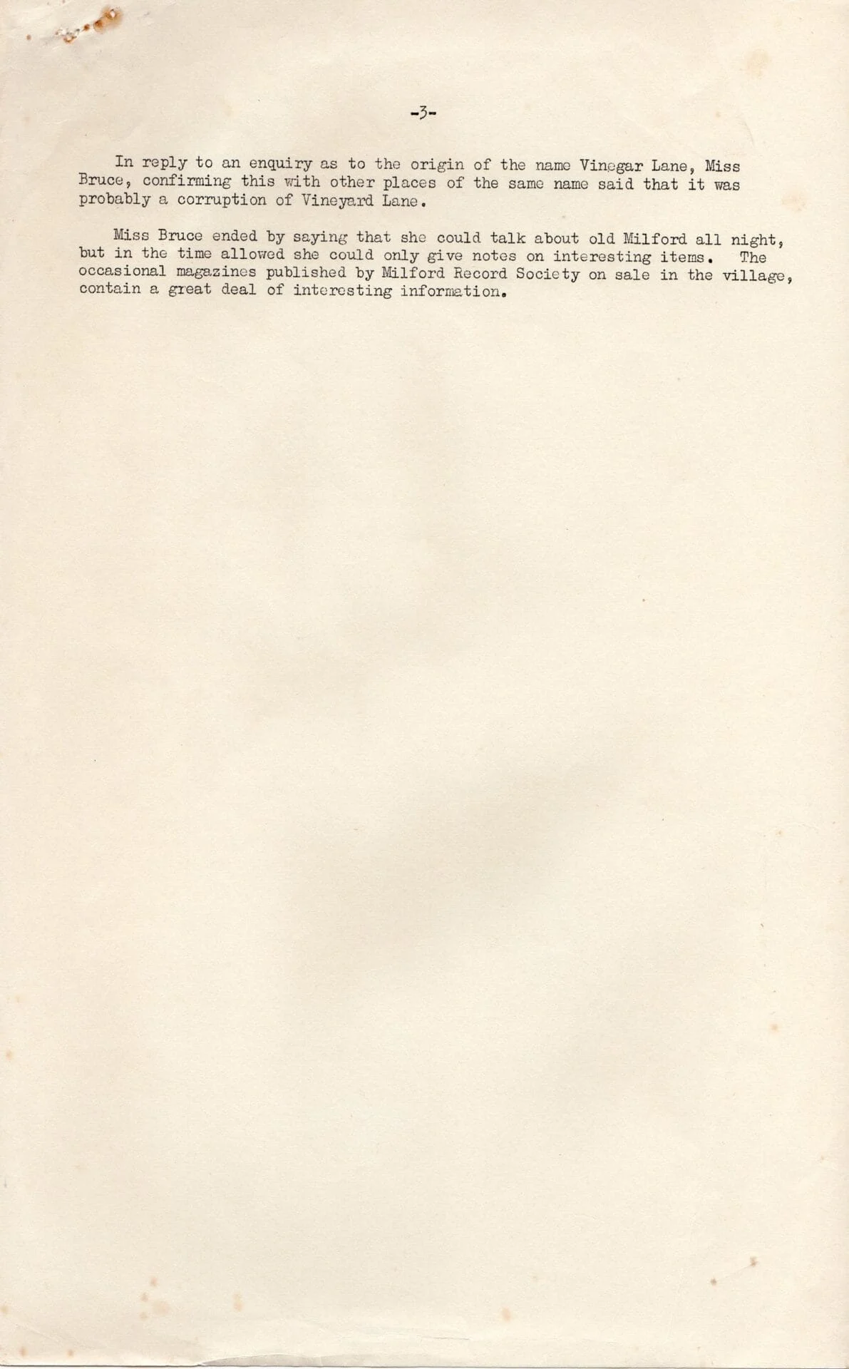 A typewritten page discusses the origin of the name Vinegar Lane, suggesting it may be a corruption of Vineyard Lane, and mentions occasional magazines by the Milford Records Society with interesting historical items.