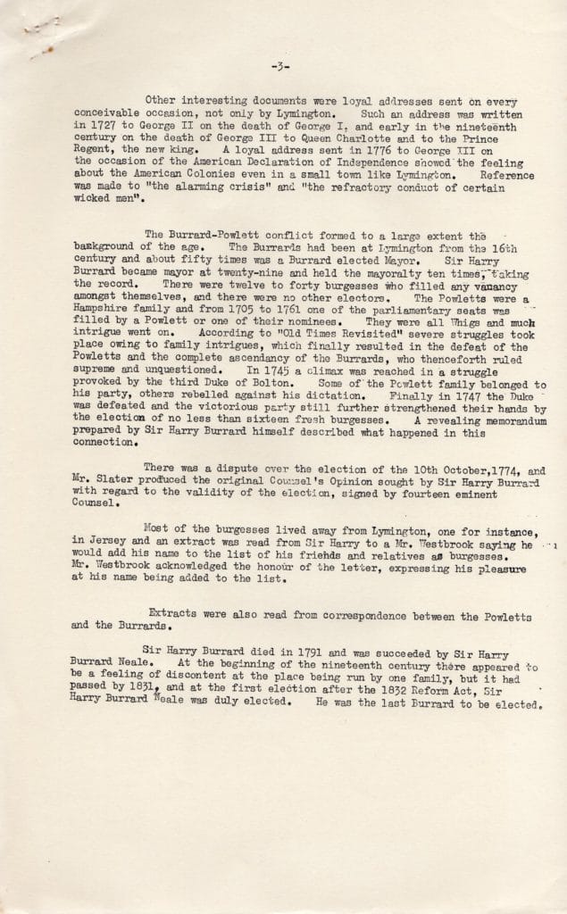 A typed document page discusses historical events involving the Burrard-Neale family, including family members' political and military roles, loyal addresses to monarchs, and notable historical records from the 16th to 18th centuries.