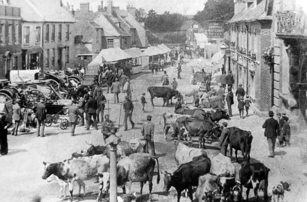 Black and white photo of a busy village street market with people, cows, horses, carts, and market stalls, surrounded by old stone buildings; lively scene from a past rural era.