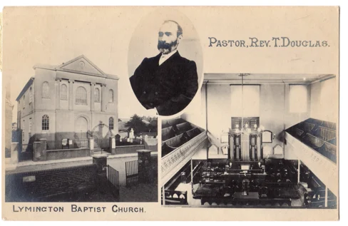 Vintage postcard with three images: an exterior of Lymington Baptist Church, the church’s interior with empty pews, and an inset portrait of Pastor Rev. T. Douglas. Text labels each section.