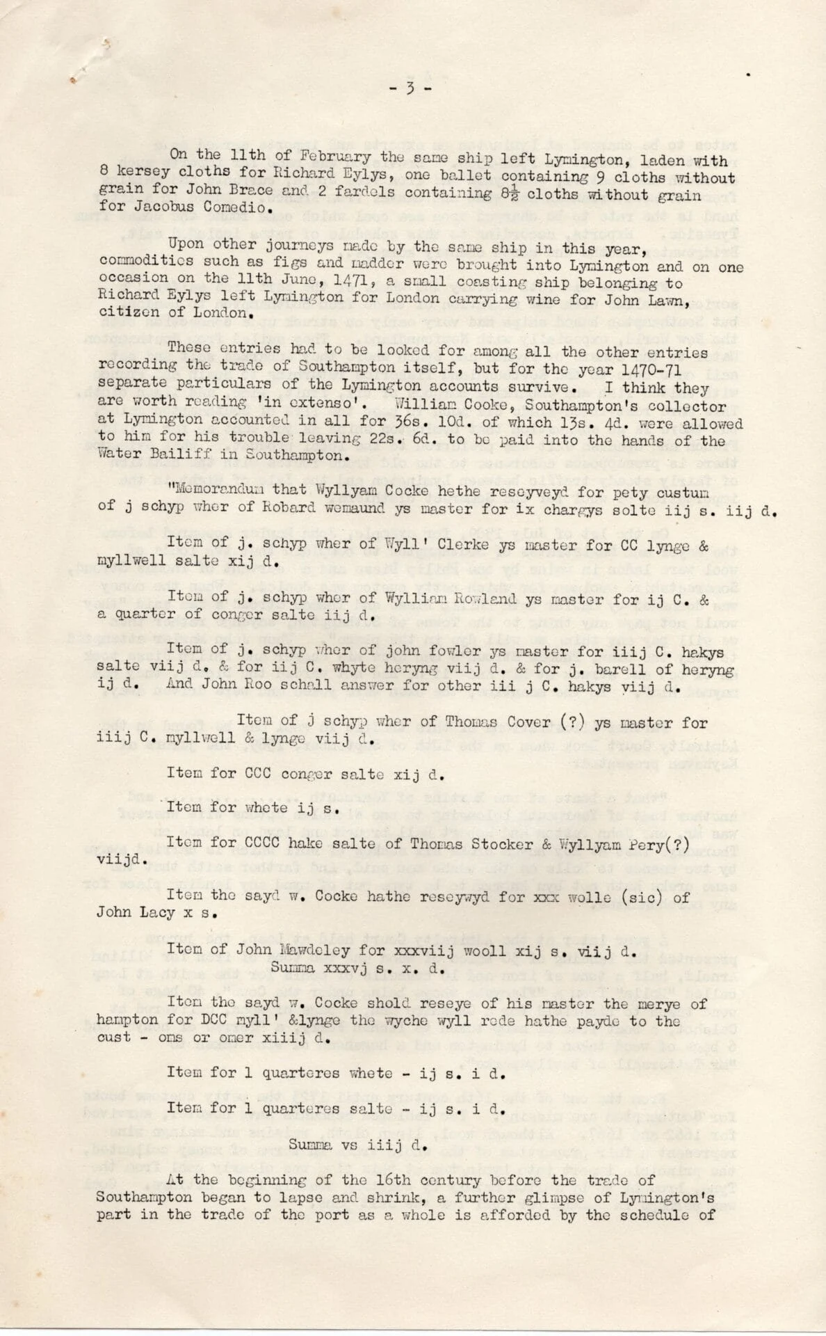 A typed historical document listing 15th-century shipping transactions, goods, and finances, including details like names, cargo, weights, dates, destinations, and monetary values, presented in closely spaced text on yellowed paper.