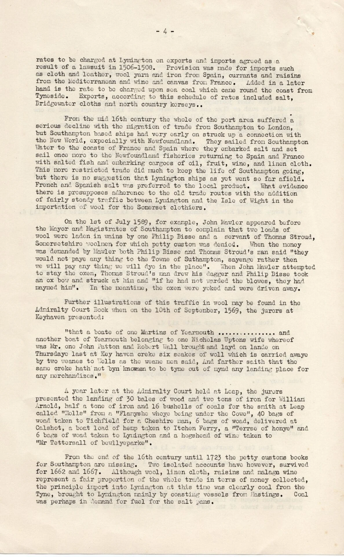 A typed historical document discusses port and export duties at Lymington, with references to customs on goods, trade restrictions, and notable legal cases from the 16th to 18th centuries in England.