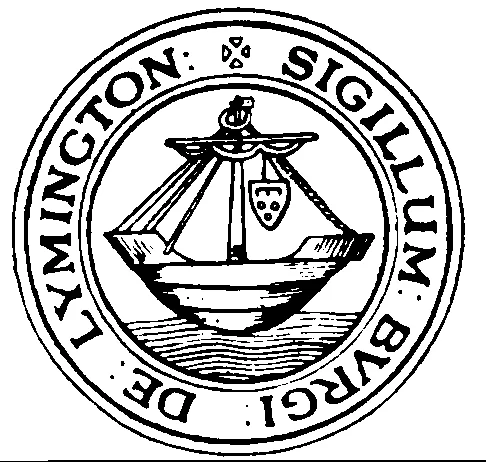Black and white seal featuring a ship on water with a shield emblem. The circular border has the Latin inscription SIGILLUM BARGI DE LYMINGTON.
