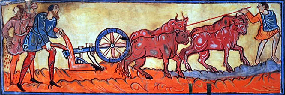 Medieval illustration of two men ploughing a field with a wooden plough pulled by four oxen. One man guides the oxen with a stick while the other operates the plough. The scene is colourful, with stylised red earth and blue clothing.