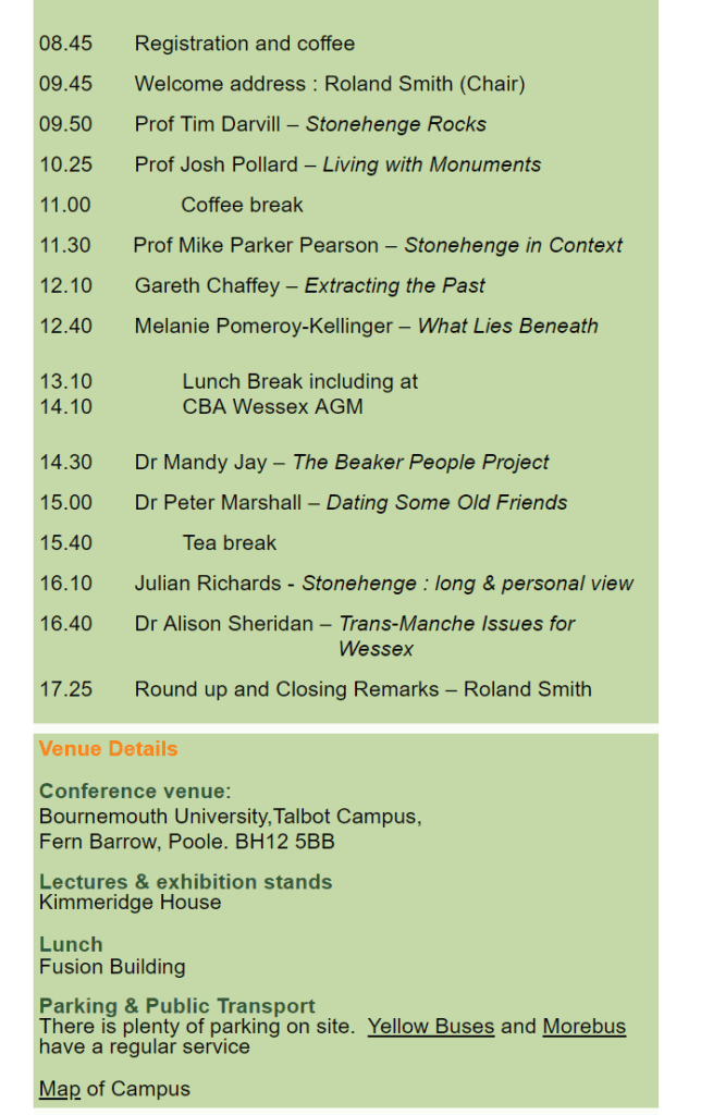 A conference timetable lists speaker names, talk titles, times from 08:45–17:25, and venue details at Bournemouth University, Fusion Building, with parking and bus information at the bottom.