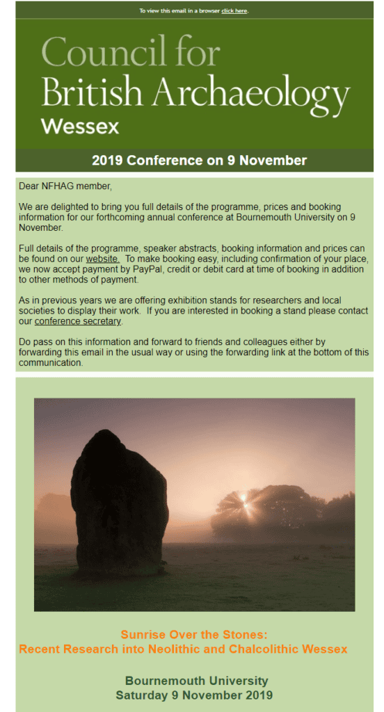 Screenshot of an email invitation for the Council for British Archaeology Wessex 2019 Conference, featuring a scenic photo of standing stones at sunrise and event details for 9 November 2019 at Bournemouth University.