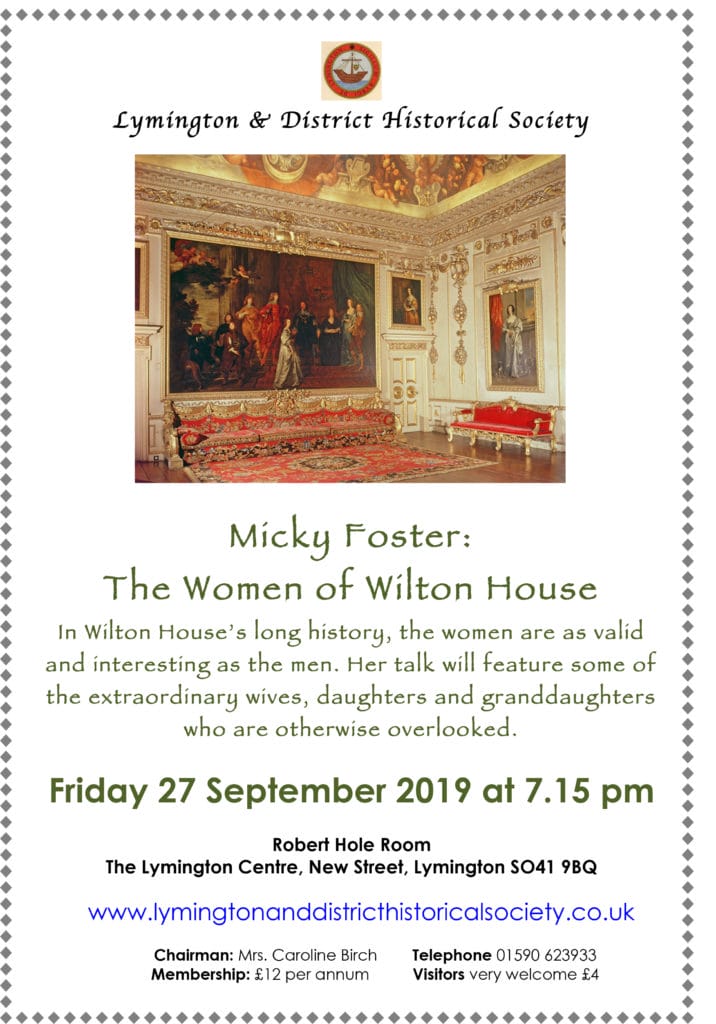 A poster for a historical society event featuring a photo of an ornate room with red and gold furniture. Event details about a talk on The Women of Wilton House are displayed below the image.