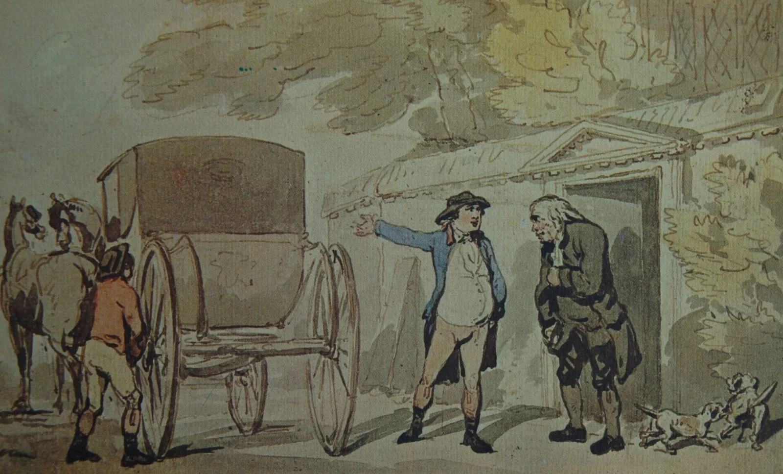 A man gestures towards a carriage while speaking to an older man by a building; a small dog stands near them and another man handles horses at the carriage. The scene has a sketchy, watercolour style.