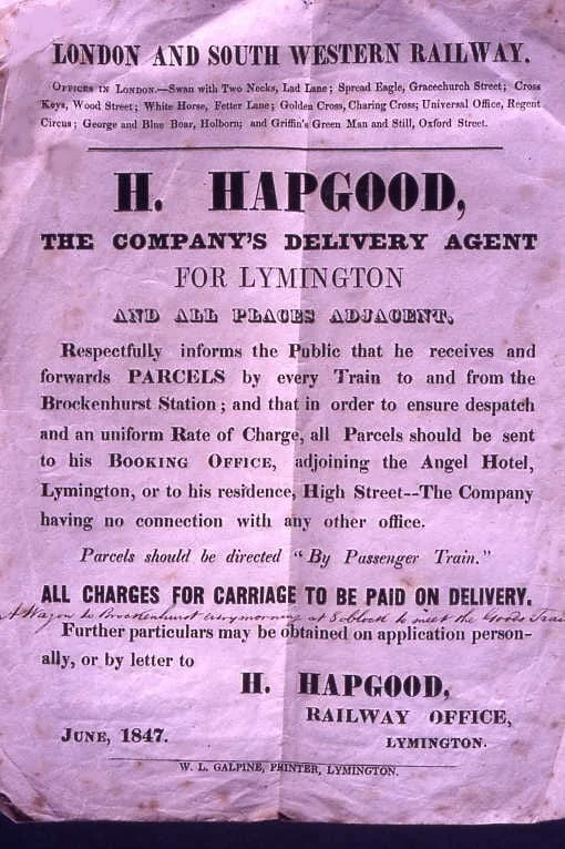 A vintage 1847 poster from the London and South Western Railway advertises H. Hapgood as the delivery agent for Lymington, detailing parcel rates, instructions, and emphasising carriage charges are paid on delivery.