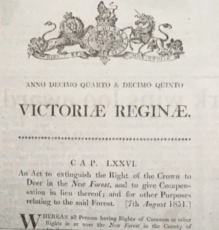 A historic document titled Victoriae Reginae with a royal crest at the top, detailing an 1851 act about extinguishing Crown rights to deer in the New Forest and providing compensation.
