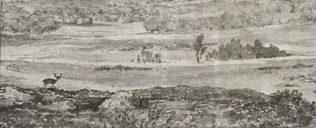 Black and white landscape painting depicting a river winding through a valley, with trees in the background and a deer standing on rocky terrain in the foreground.