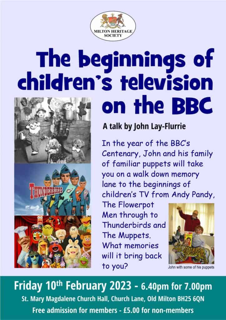 A poster for a talk titled The beginnings of children's television on the BBC by John Lay-Flurrie, featuring images of Thunderbirds puppets and a photo of John with puppets. Event details are listed at the bottom.