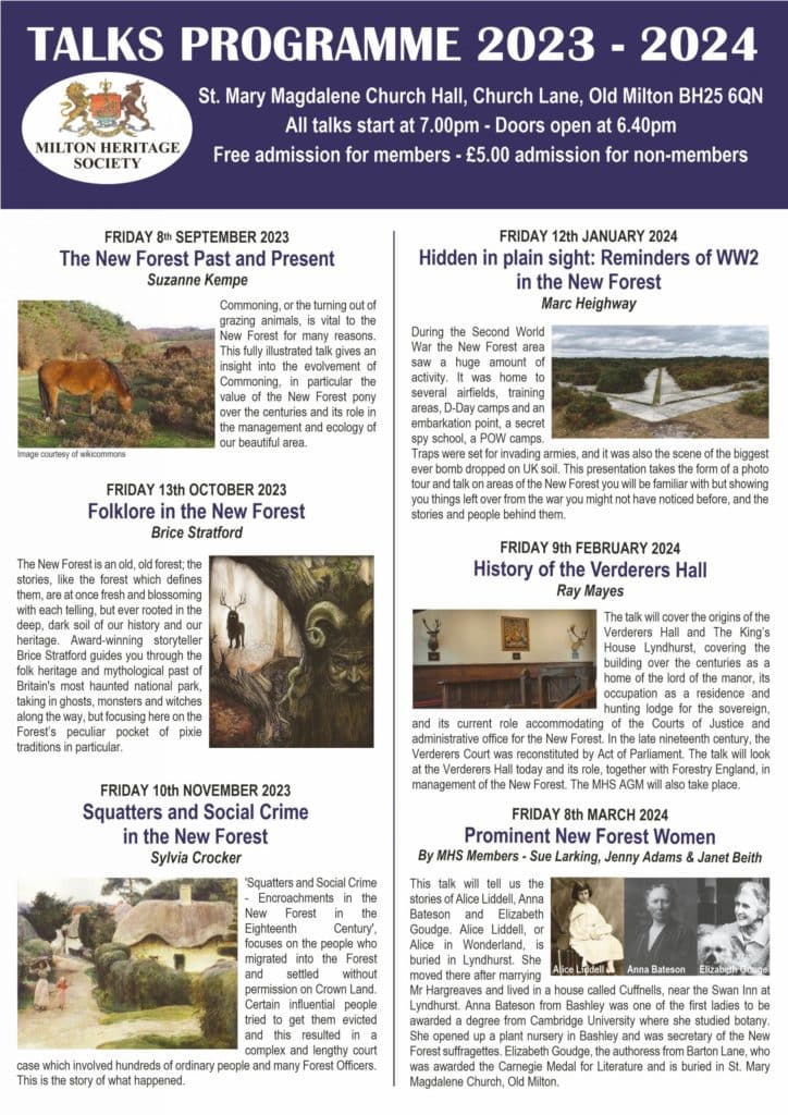 Talks programme poster for Milton Heritage Society 2023-2024, listing monthly lecture dates, topics on New Forest history, speaker names, brief talk summaries, and images of deer, countryside, and woodland. Entry fee details included.