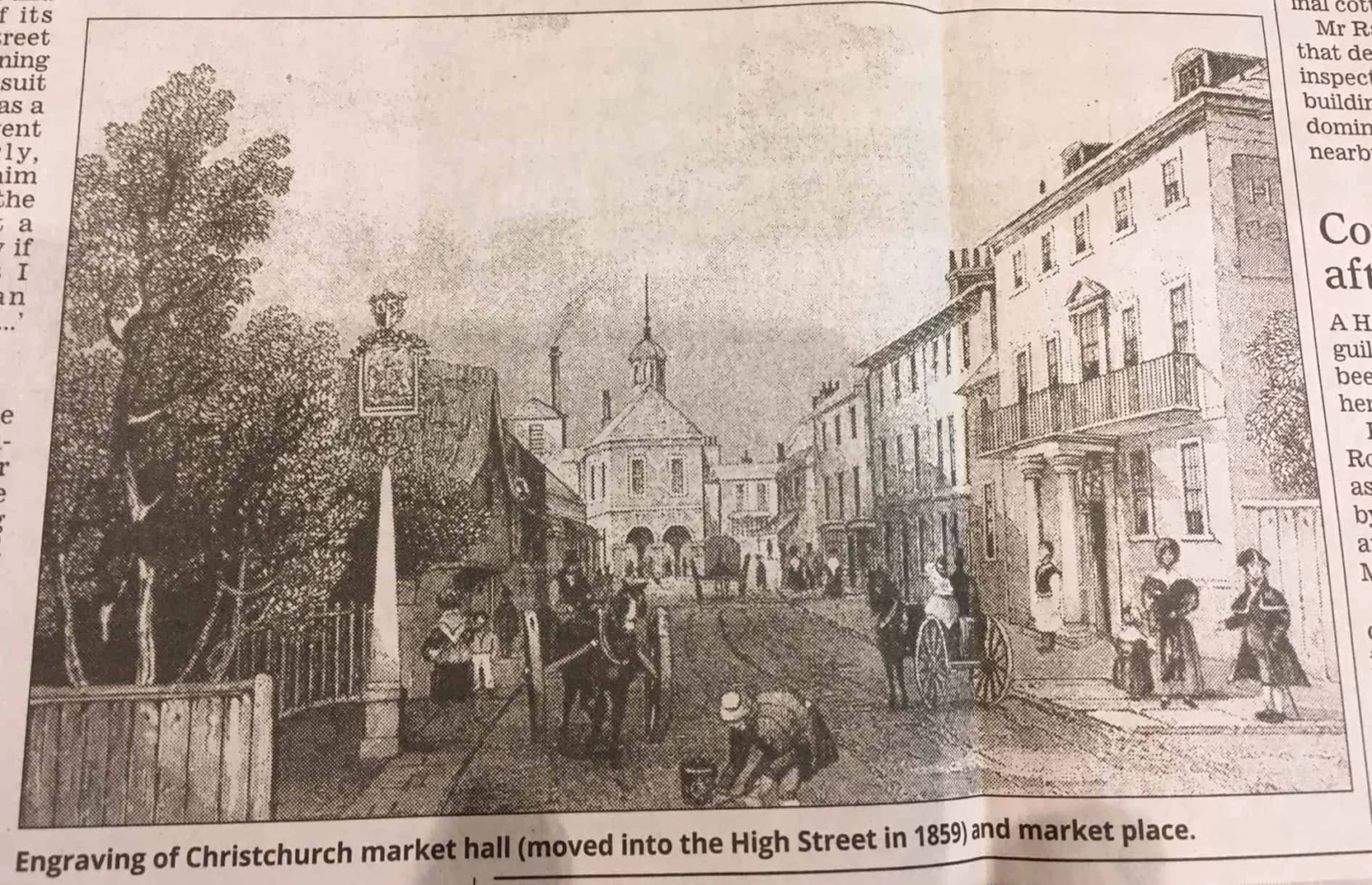 Black-and-white engraving of Christchurch market hall on a bustling street, with people walking, talking, and tending to market activities. Historic buildings and trees line the scene.