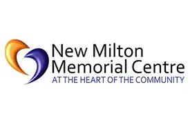 Logo for New Milton Memorial Centre featuring an orange and purple heart-shaped design, with the text New Milton Memorial Centre and the tagline At the Heart of the Community.