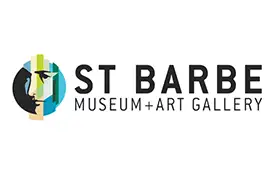 Logo for St Barbe Museum and Art Gallery, featuring a stylised, multicoloured side profile of a face within a circle, alongside the text ST BARBE MUSEUM + ART GALLERY in bold black letters.